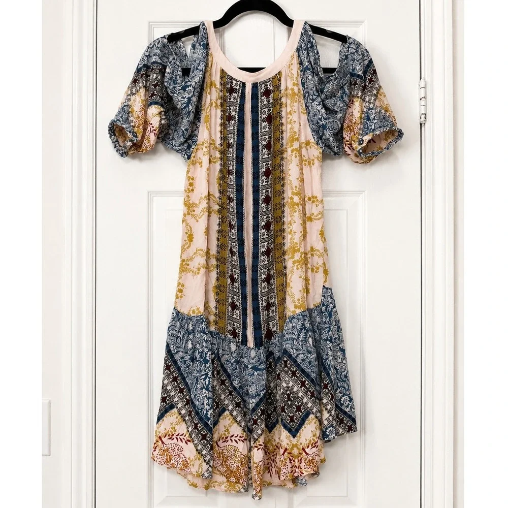 Free People XS Cold Shoulder Patchwork Boho Floral Print Mini Dress Tunic XS